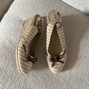 Kelly & Katie Wedge Sandals 8.5 Beige Striped Espadrille Bow